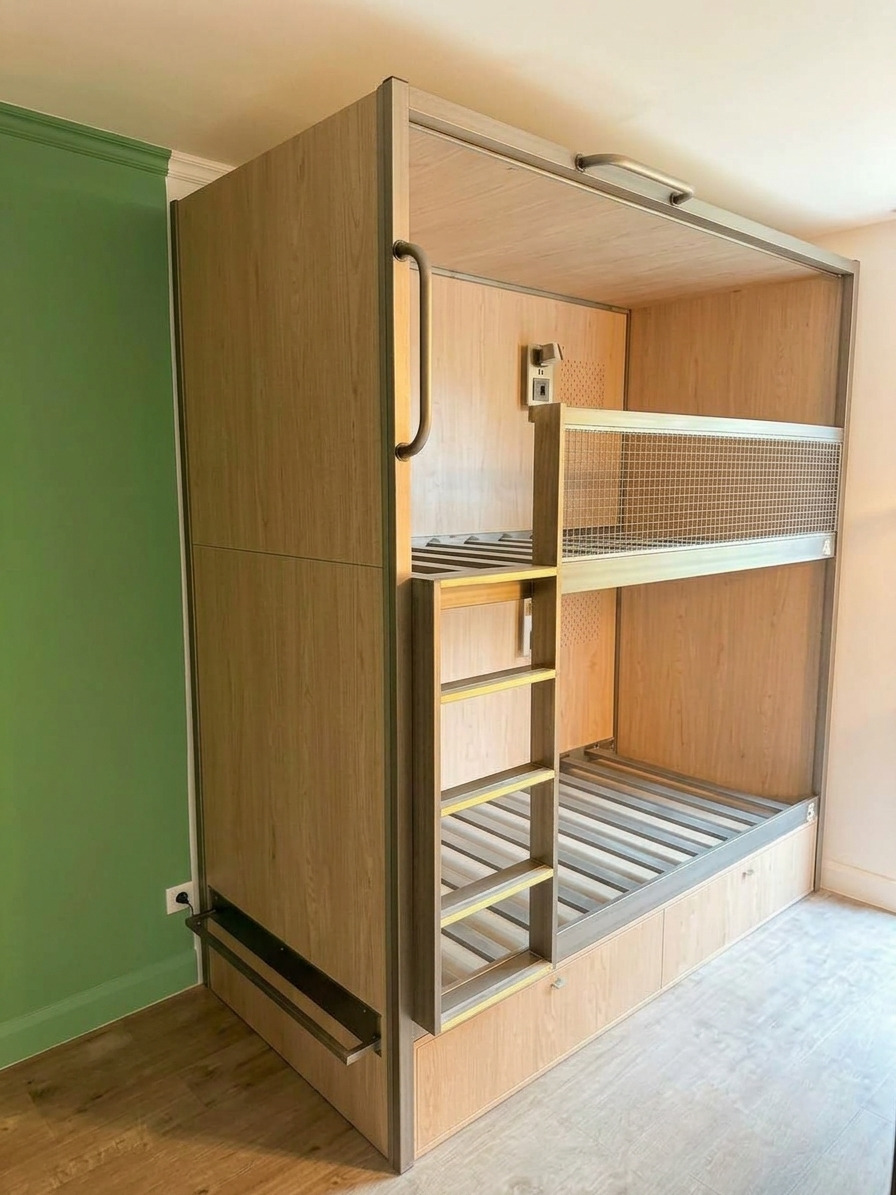 Litera hostel panelada madera roble con cajones