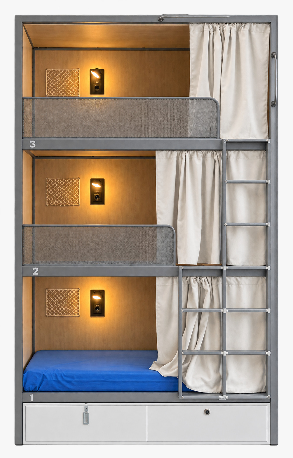 Litera hostel triple altura con cajones y cortinas